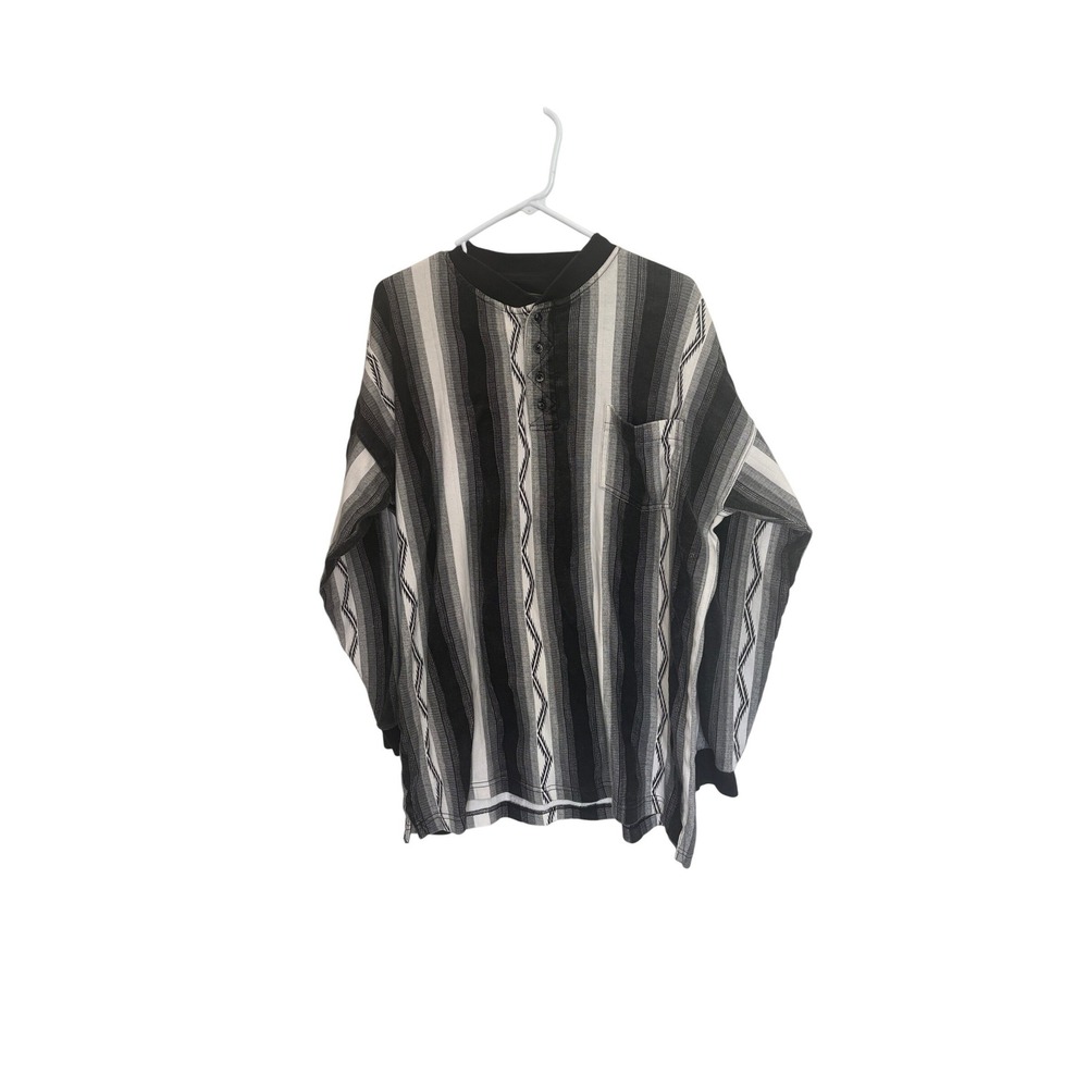 Vintage Roper Large Long Sleeve Henley Shirt Southwestern Stripe Gray Black